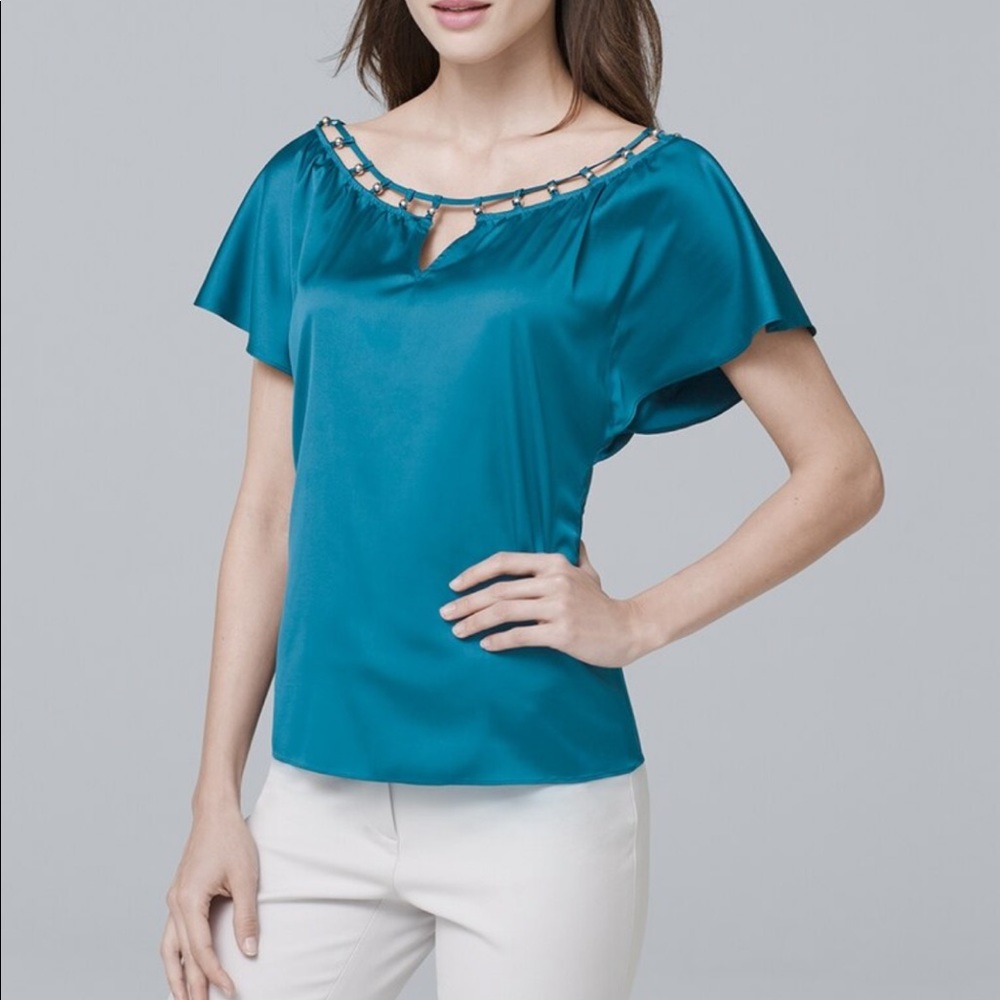 WHBM Flutter Sleeve Teal Blouse Size XXS